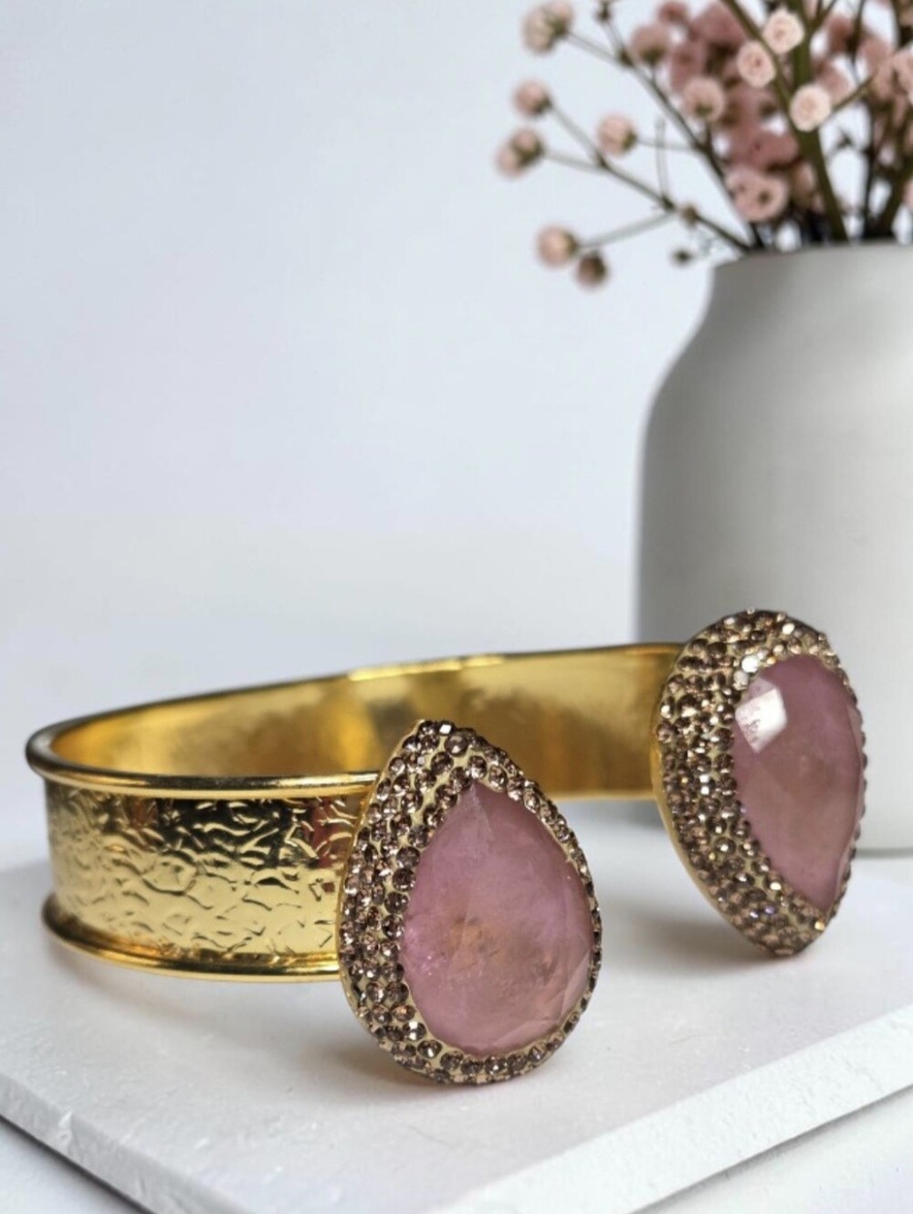 18k Gold Plated Teardrop Girly Pink Crystal Candy Cuff Bangle Bracelet